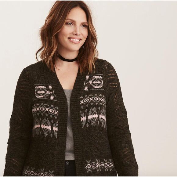 Torrid Multi-Color Geometric Pattern Green Pink Open Cardigan Size 0 = L 12 - Picture 3 of 15